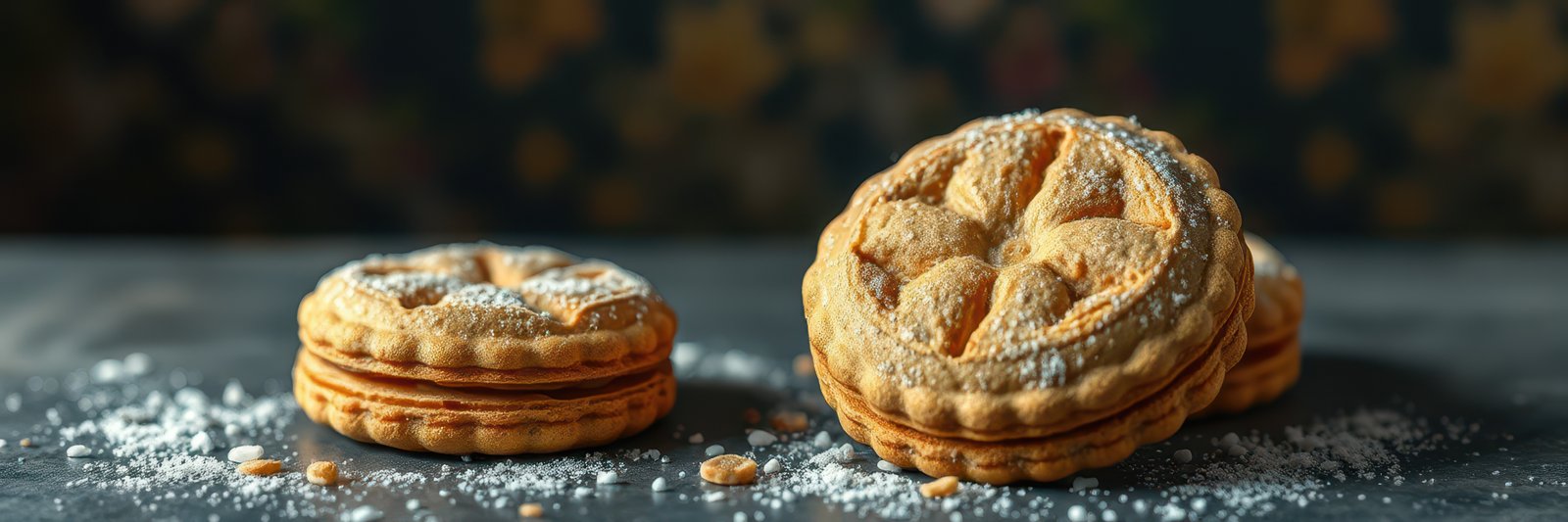Deliciously baked cookies dusted with powdered sugar on a rustic wooden surface in a warm, cozy kitchen setting